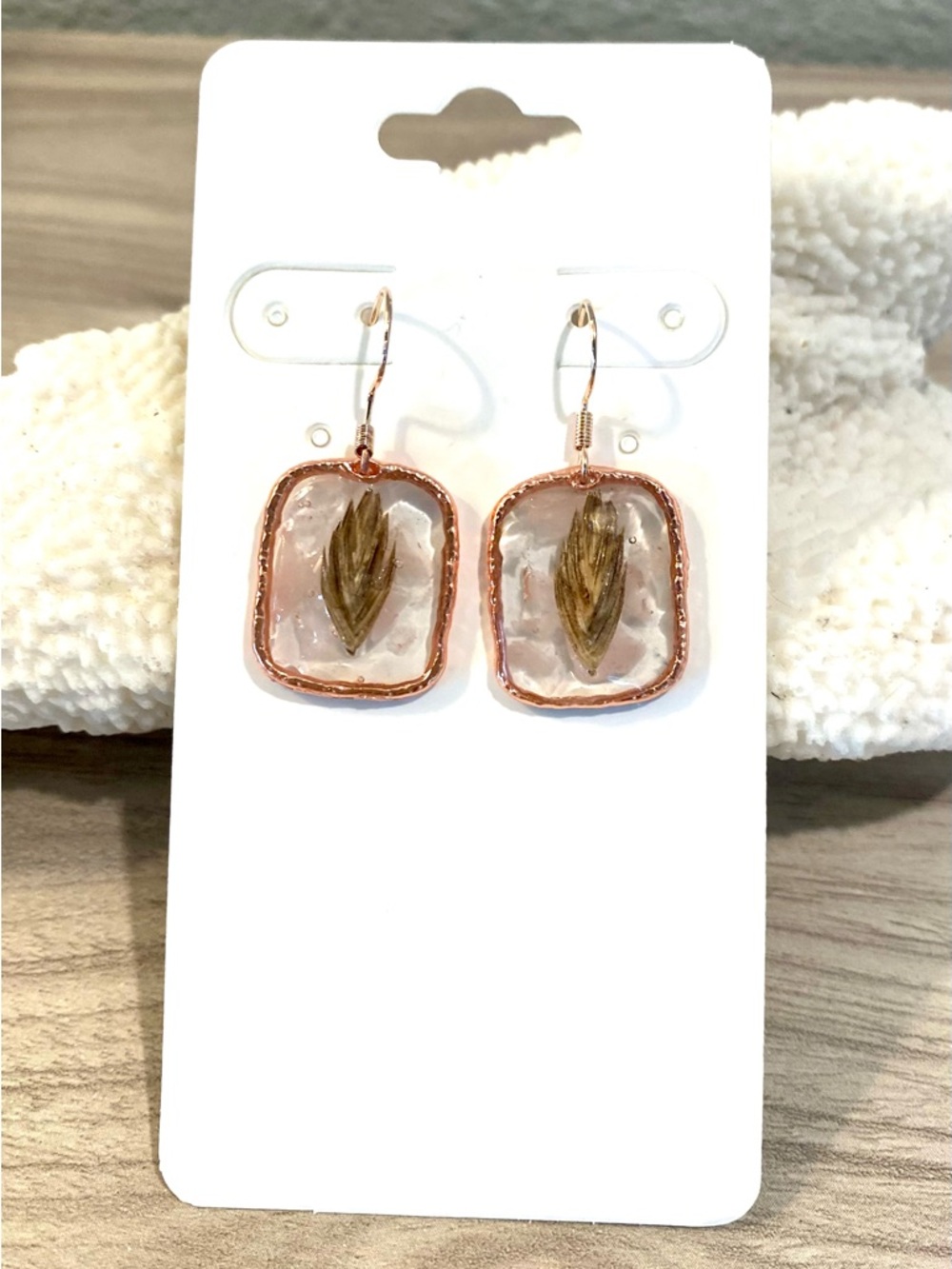 67. Handcrafted Rose Gold Resin Sea oats Drop Earrings with rose quartz